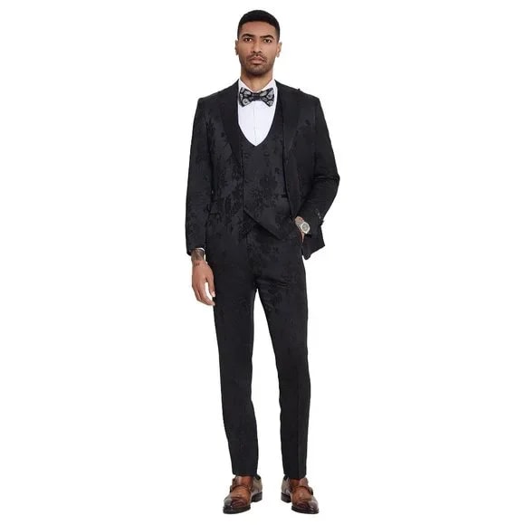 2026 Floral Mens 3PC Suit w/ Double Breasted Prom Vest by Tazzio, Black Black Prom Tuxedos