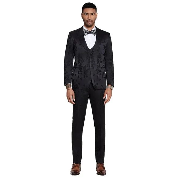 2026 Floral Mens 3PC Suit w/ Double Breasted Prom Vest by Tazzio, Black