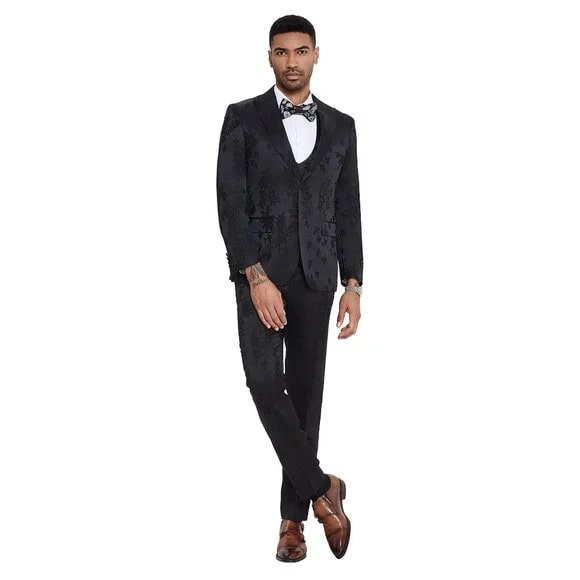 2026 Floral Mens 3PC Suit w/ Double Breasted Prom Vest by Tazzio, Black Black Prom Tuxedos