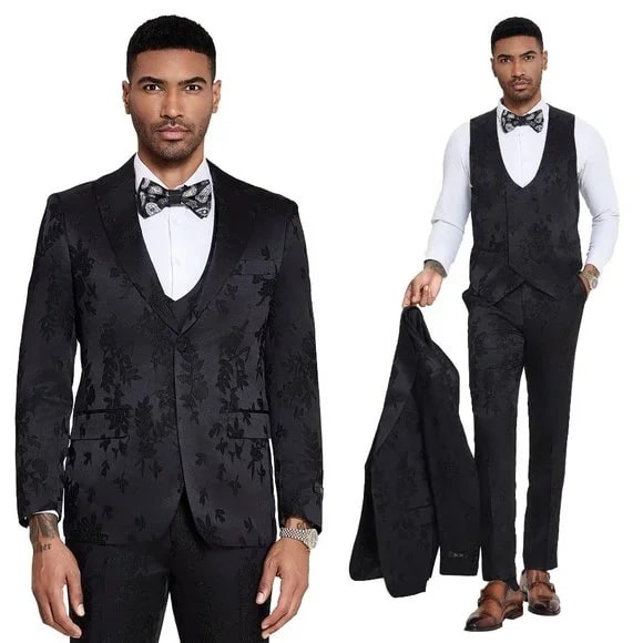 2026 Floral Mens 3PC Suit w/ Double Breasted Prom Vest by Tazzio, Black Black Prom Tuxedos