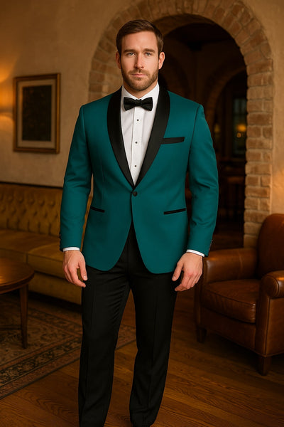Teal Velvet Tuxedo for Men – One Button Black Satin Lapel Formal Suit with Bow Tie 4   - from alligatorwarehouse.com