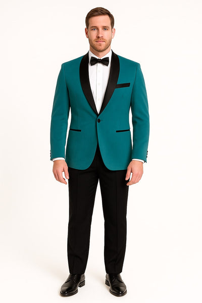 Teal Velvet Tuxedo for Men – One Button Black Satin Lapel Formal Suit with Bow Tie 1   - from alligatorwarehouse.com