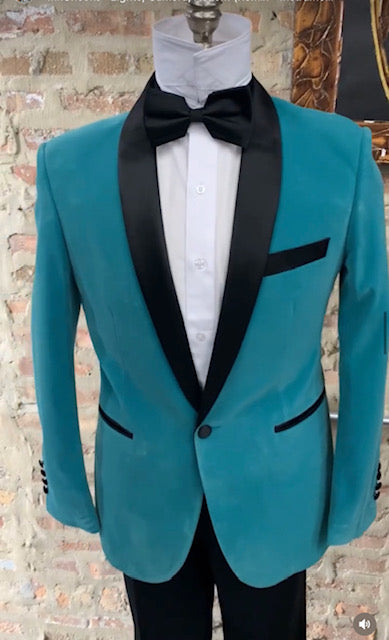 Teal Velvet Tuxedo for Men – One Button Black Satin Lapel Formal Suit with Bow Tie 5   - from alligatorwarehouse.com