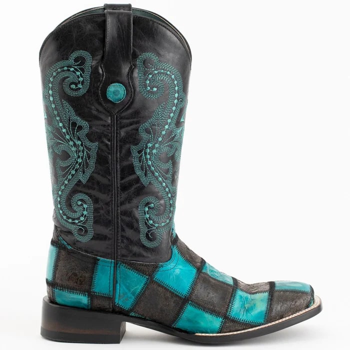 Ferinni Boot - Mens Dress Cowboy Boot  - Ferrini Men's Patchwork Square Toe Boots Handcrafted   in  Black/Teal Color