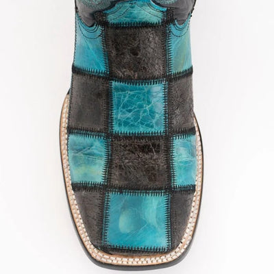 Ferinni Boot - Mens Dress Cowboy Boot  - Ferrini Men's Patchwork Square Toe Boots Handcrafted   in  Black/Teal Color 3 11393-50-080-D  - from alligatorwarehouse.com