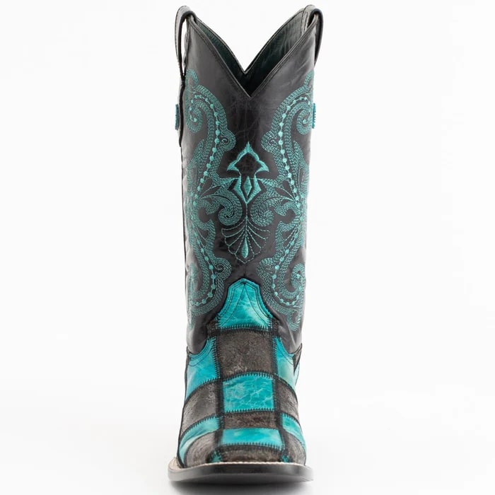 Ferinni Boot - Mens Dress Cowboy Boot  - Ferrini Men's Patchwork Square Toe Boots Handcrafted   in  Black/Teal Color