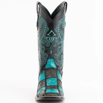 Ferinni Boot - Mens Dress Cowboy Boot  - Ferrini Men's Patchwork Square Toe Boots Handcrafted   in  Black/Teal Color 4 11393-50-080-D  - from alligatorwarehouse.com