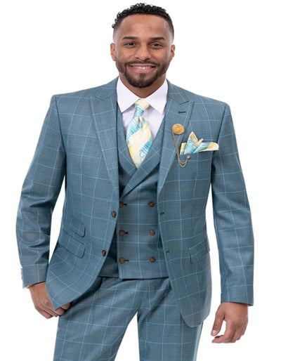 Mens Two Button Peak Lapel Vested Fashion Teal Blue Windowpane Plaid Suit 1   - from alligatorwarehouse.com