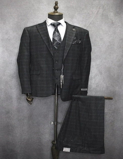 Mens Three Button Notch Lapel Plaid Pattern Suit Charcoal ~ Blue ~ White 1   - from alligatorwarehouse.com
