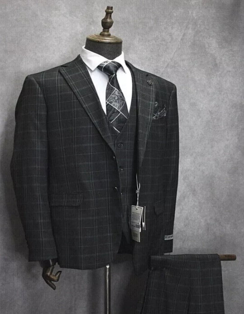 Mens Three Button Notch Lapel Plaid Pattern Suit Charcoal ~ Blue ~ White