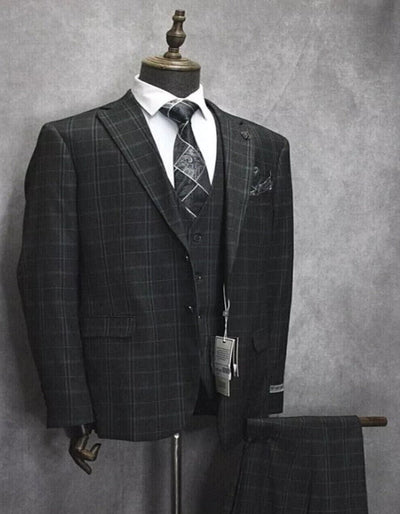 Mens Three Button Notch Lapel Plaid Pattern Suit Charcoal ~ Blue ~ White 2   - from alligatorwarehouse.com
