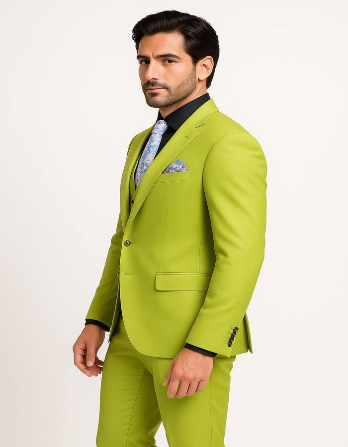 Men's Lime Green Three-Piece Suit with Floral Tie ƒ?? Slim Fit Tuxedo for Weddings & Parties