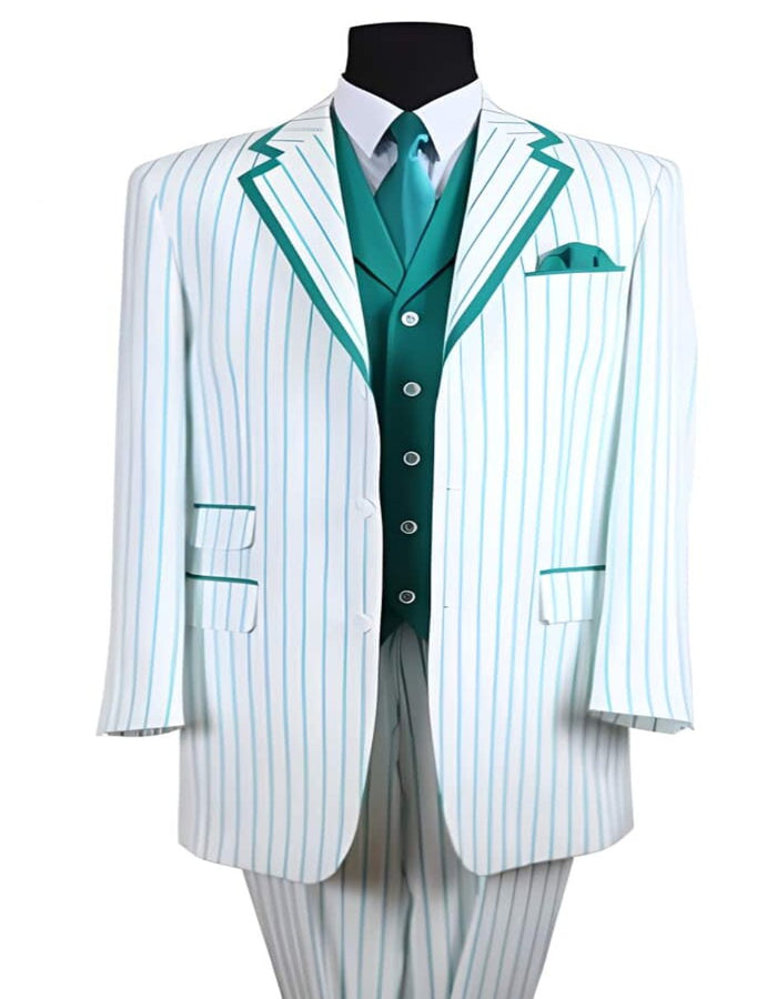 35 Inch White/Turquoise Seersucker Summer Pattern Jacket + Pants 3 ~ Three Piece Tuxedo Pinstripe Striped Prom ~ Wedding Groomsmen Three Button Zoot Suit - Pimp Suit - Zuit Suit