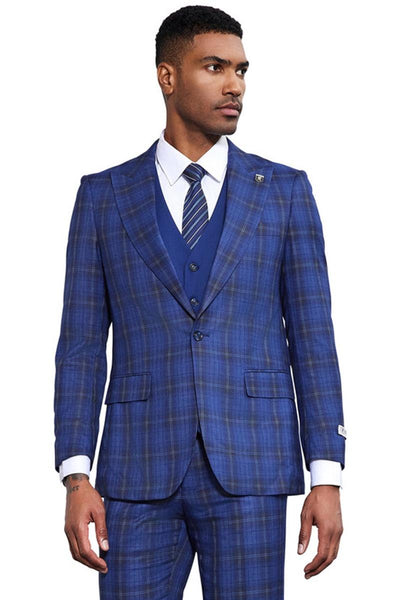 Men's Stacy Adams Bold Windowpane Plaid Print Vested Suit in Midnight Blue 1 SM177H1-26-38R  - from alligatorwarehouse.com