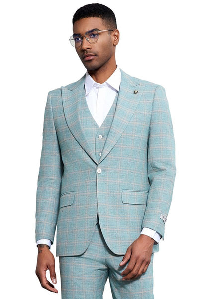 Men's Stacy Adams Vested Peak Lapel Light Turquoise Green Plaid Prom & Wedding Suit 1 SM182H1-01-38R  - from alligatorwarehouse.com