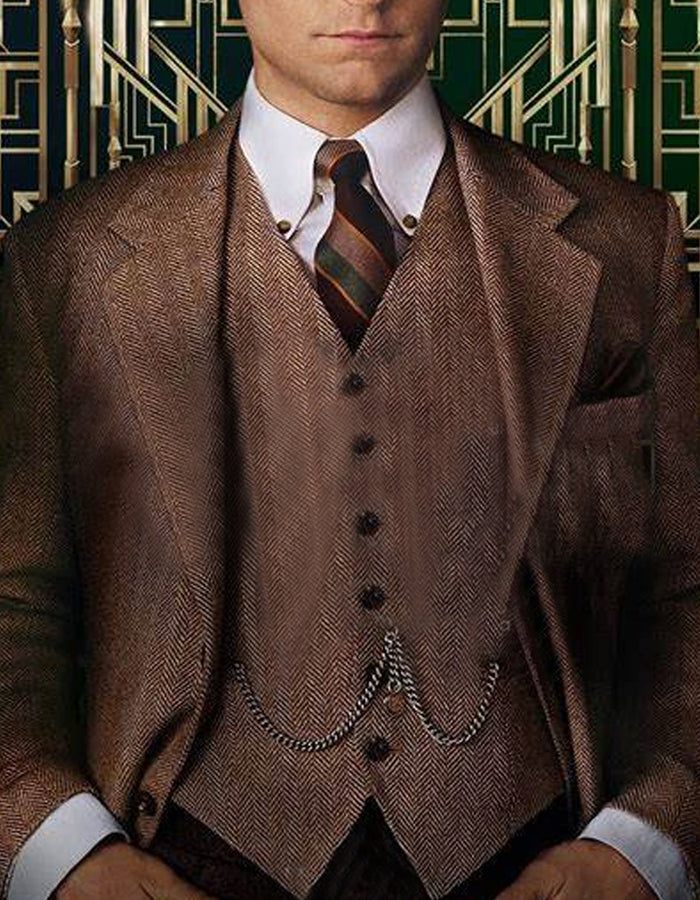 Men’s Light Brown Great Gatsby Inspired Tweed Herringbone Vested Suit, Vintage Formal Wedding Suit