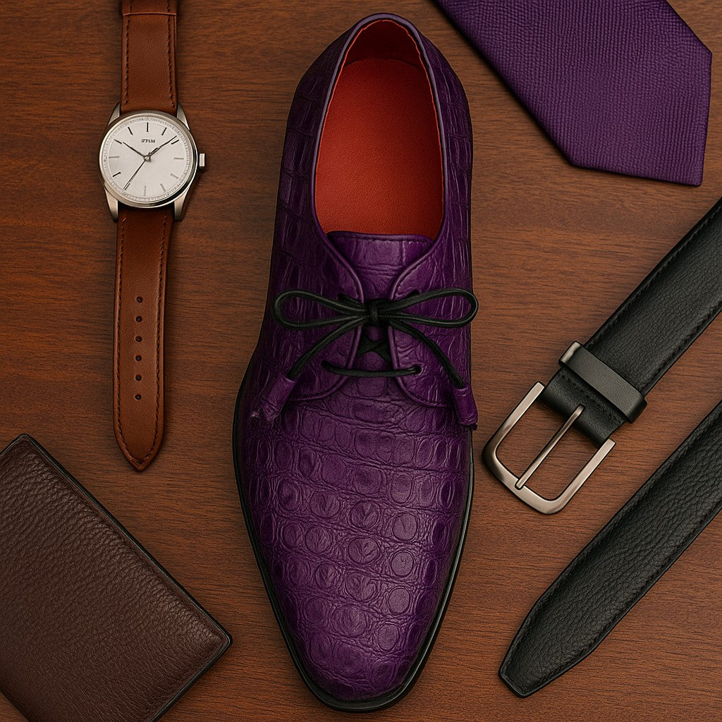 Marco Di Milano Tulum Purple Exotic Crocodile Derby Oxfords
