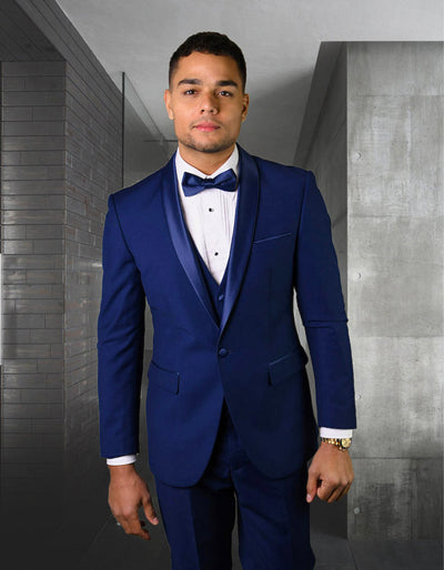 Mens 1 Button Shawl Lapel Vested Wool Wedding - Prom Tuxedo in Bright Sapphire Blue - Mens Slim Fitted Tuxedo 1 SKU# Mel-MJT366-02  - from alligatorwarehouse.com