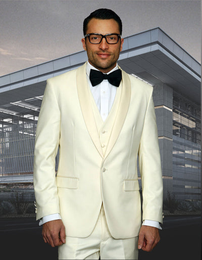Mens 1 Button Shawl Lapel Vested Wool Prom | Wedding Tuxedo in Ivory 1 9B-0627  - from alligatorwarehouse.com