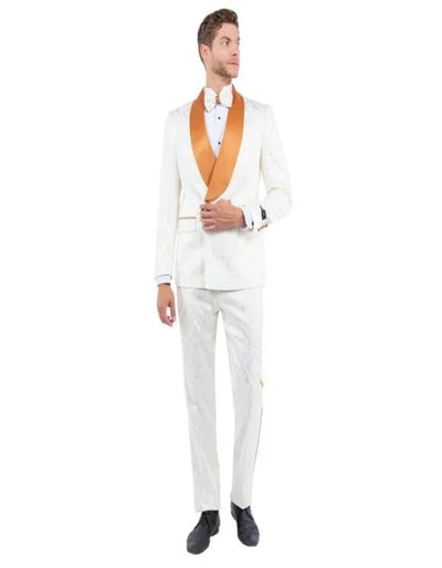 New Paisely Skinny Fit Tuxedo Double-Breasted By Tazio, Ivory & Rustic Orange 1   - from alligatorwarehouse.com