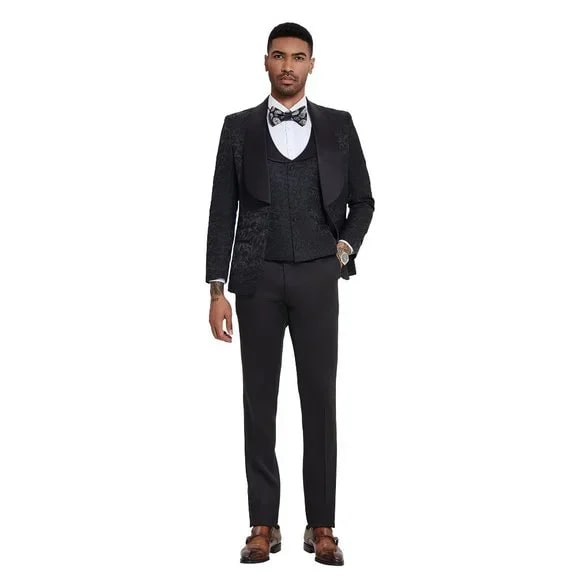 2024 Black Paisley 3pc Men's Suit Tuxedo by Tazzio
