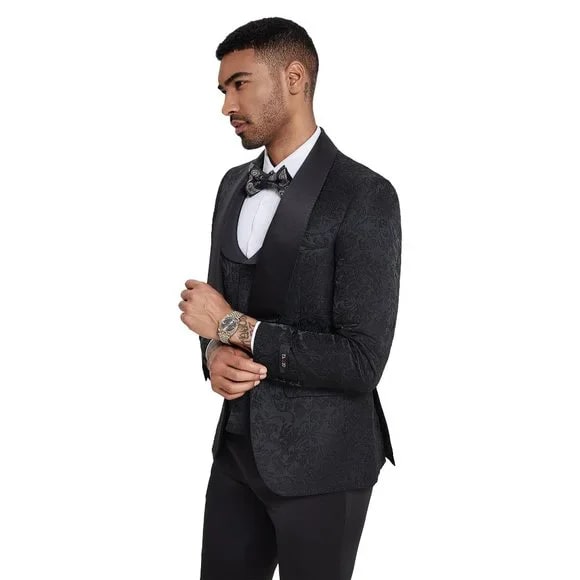 2026 Black Paisley 3pc Men's Suit Tuxedo by Tazzio