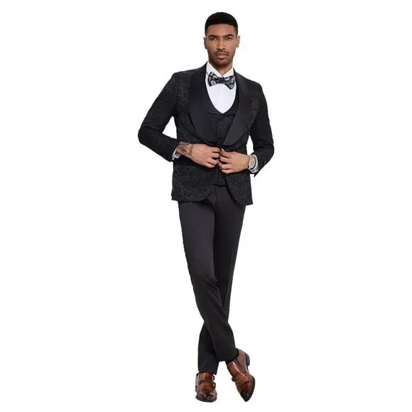 2026 Black Paisley 3pc Men's Suit Tuxedo by Tazzio