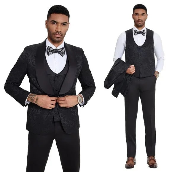 2026 Black Paisley 3pc Men's Suit Tuxedo by Tazzio
