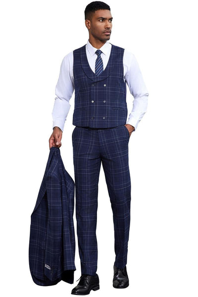Men's Stacy Adams Vested Two Button Double Windowpane Plaid Suit in Navy 5 SM175H1-01-38R  - from alligatorwarehouse.com