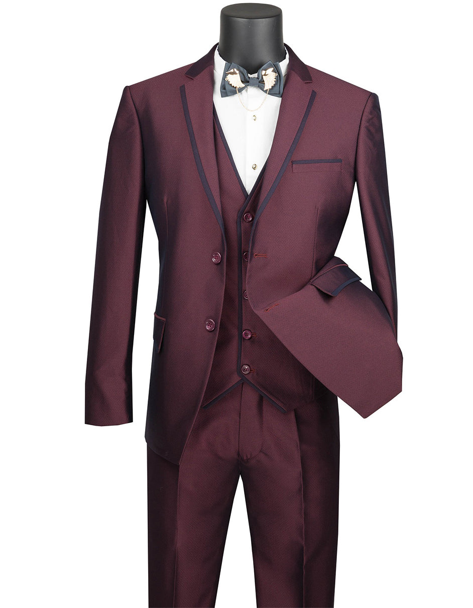 Mens Ultra Slim Fit Sharkskin Tuxedo with Satin Trim in Burgundy 1 EE-2212  - from alligatorwarehouse.com