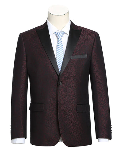 Mens 1 Button Satin Peak Lapel Paisley Prom Ultra Slim Fitted Blazer in Burgundy 1 OP-2318  - from alligatorwarehouse.com