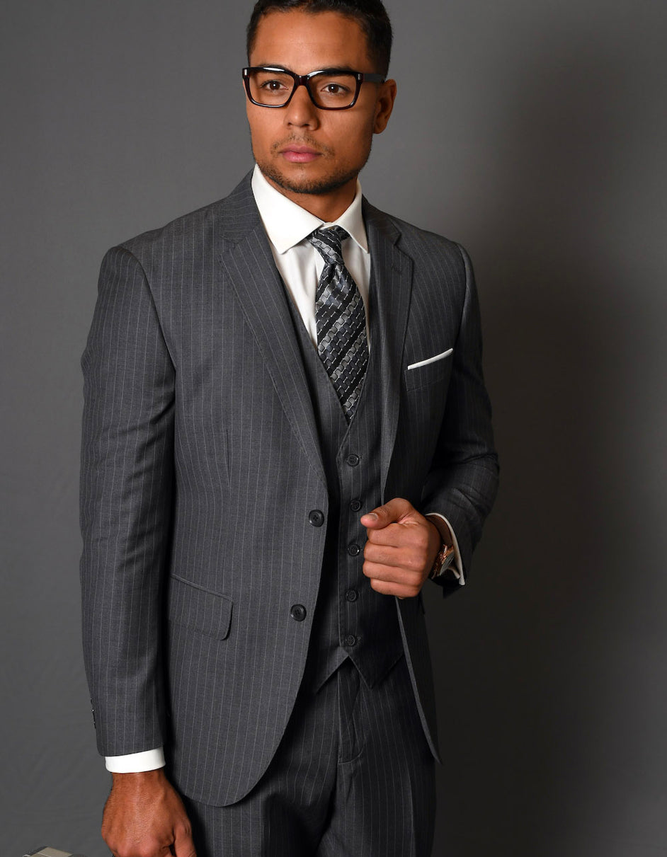 Mens 2 Button Vested Modern Fit Wool Suit in Charcoal Grey Pinstripe 1 V7-4207  - from alligatorwarehouse.com