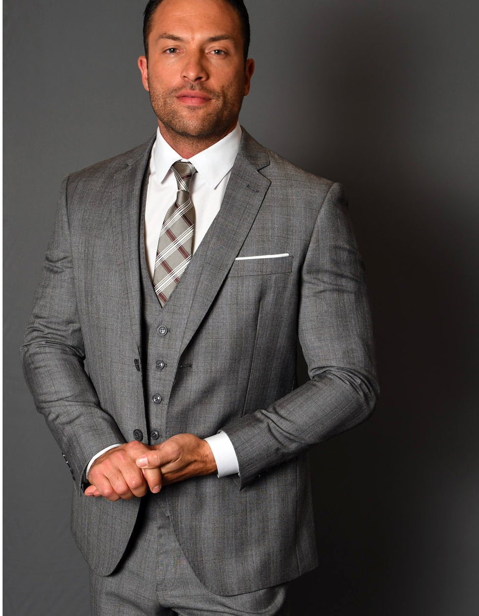Mens 2 Button Vested Modern Fit Wool Suit in Grey Plaid 1 6M-9973  - from alligatorwarehouse.com