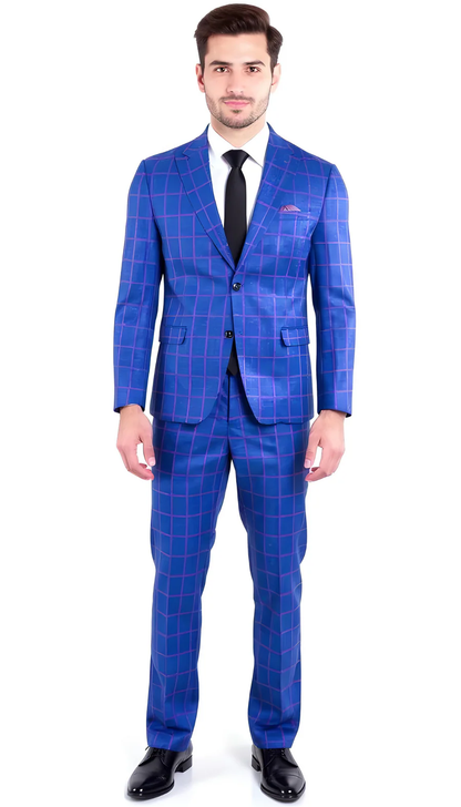 Mens Slim Fit Plaid Suit in Blue – Elegant 3 Piece Formal Set