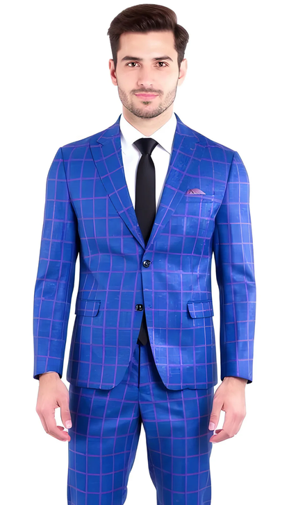 Mens Slim Fit Plaid Suit in Blue – Elegant 3 Piece Formal Set