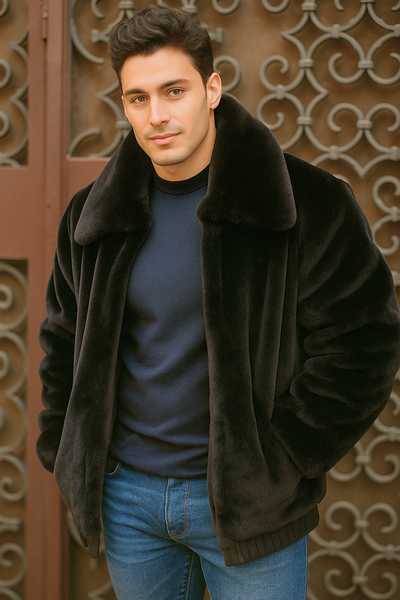Men's Black Faux Fur Overcoat – Fuzzy Warm Winter Jacket Style 1   - from alligatorwarehouse.com