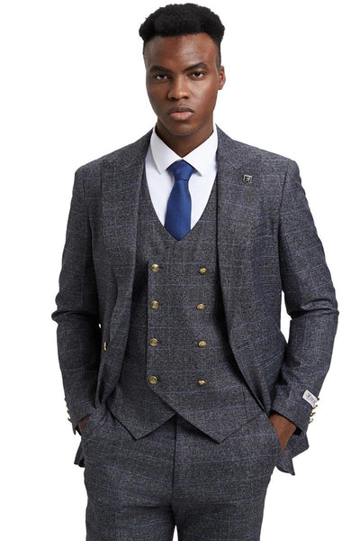 Men's Stacy Adams Peak Lapel Suit with Double Breasted Vest in Charcoal Grey Windowpane Plaid 1 SM163H1-12-38R  - from alligatorwarehouse.com