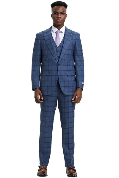 Men's Stacy Adams One Button Vested Suit in Midnight Blue Windowpane Plaid 2 SM169H1-92-38R  - from alligatorwarehouse.com