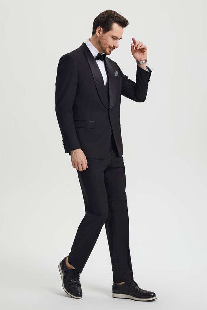 Men's Stacy Adams Vested One Button Shawl Lapel Designer Tuxedo in Black