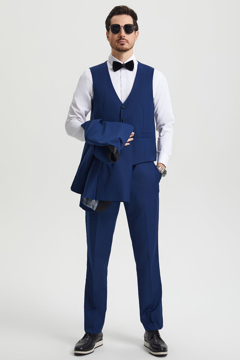 Men's Stacy Adams Vested One Button Shawl Lapel Designer Tuxedo in Indigo Blue
