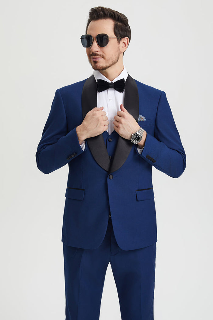 Men's Stacy Adams Vested One Button Shawl Lapel Designer Tuxedo in Indigo Blue