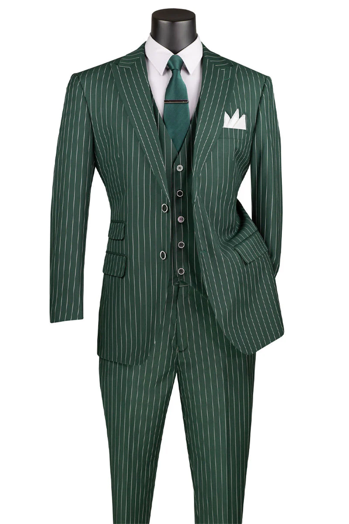 Men’s Hunter Green Great Gatsby Pinstripe Suit, 1920s Gangster 3 Piece Formal Outfit