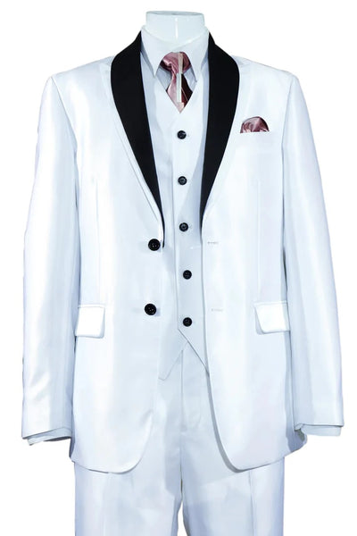 White Wedding Suit For Men - Perfect For Groom - Mens 2 Button Vested Slim Fit Shiny Sharkskin Tuxedo Suit In White 1   - from alligatorwarehouse.com