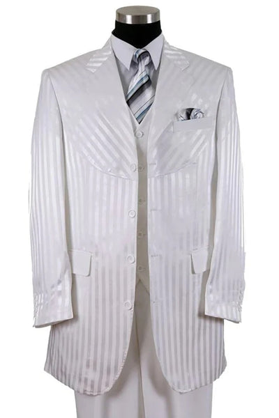 White Wedding Suit For Men - Perfect For Groom - Mens 4 Button Semi Wide Leg Shiny Tonal Stripe Fashion Suit In White 1   - from alligatorwarehouse.com