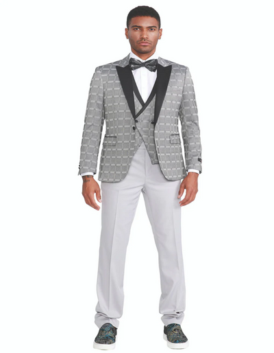 Mens Gray Tuxedo - Grey Wedding Suit-Mens Slim Fit One Button  Peak Lapel Tuxedo With Double Brested Vest In Silver Grey Plaid 2 5N-4467  - from alligatorwarehouse.com