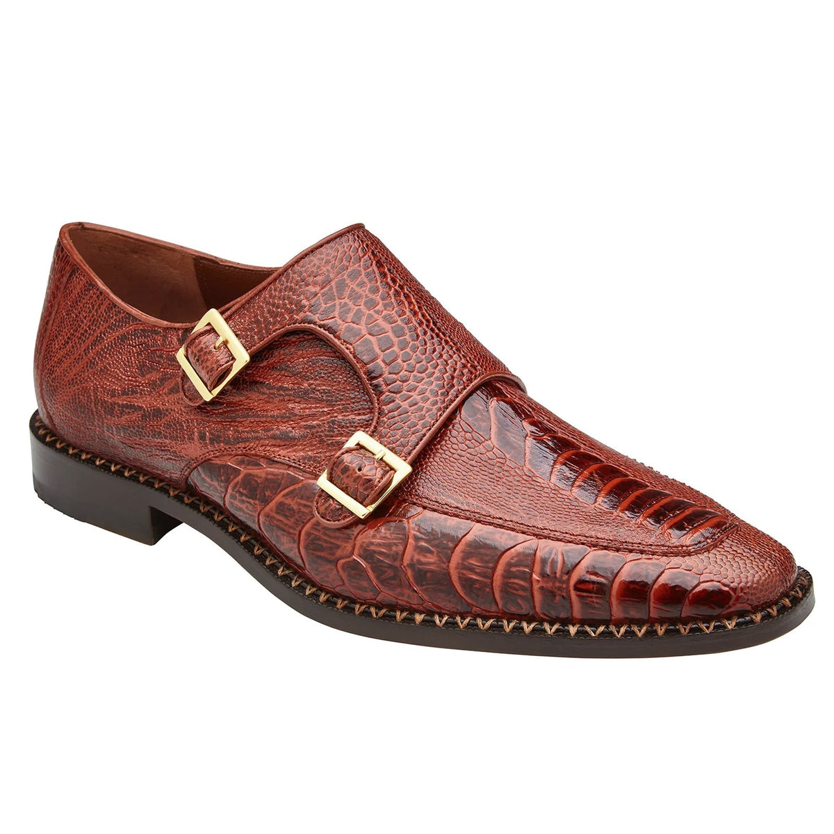 Men's Belvedere Valiente Ostrich Leg Double Monkstrap Dress Shoe in Cognac Brown