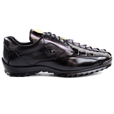 Men's Belvedere Vasco Calf & Crocodile Hornback Tail Sneaker in Black 1 MEN 336122 BLACK-M-08  - from alligatorwarehouse.com
