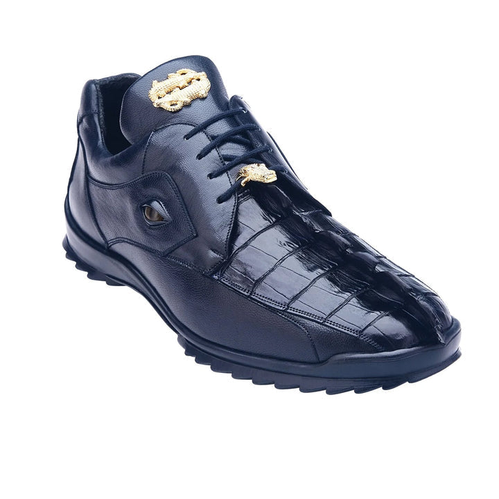 Men's Belvedere Vasco Calf & Crocodile Hornback Tail Sneaker in Night Blue 2 MEN 336122 NIGHT BLUE-M-08  - from alligatorwarehouse.com