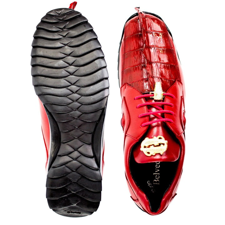Men's Belvedere Vasco Calf & Crocodile Hornback Tail Sneaker in Red 3 MEN 336122 RED-M-08  - from alligatorwarehouse.com