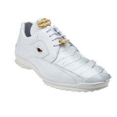 Men's Belvedere Vasco Calf & Crocodile Hornback Tail Sneaker in White